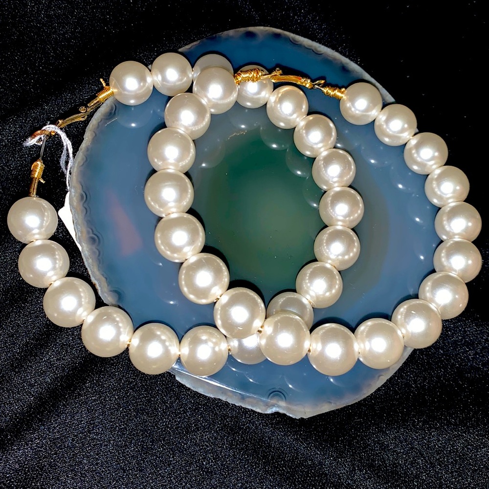 Large Faux pearl gold tone hoop earrings